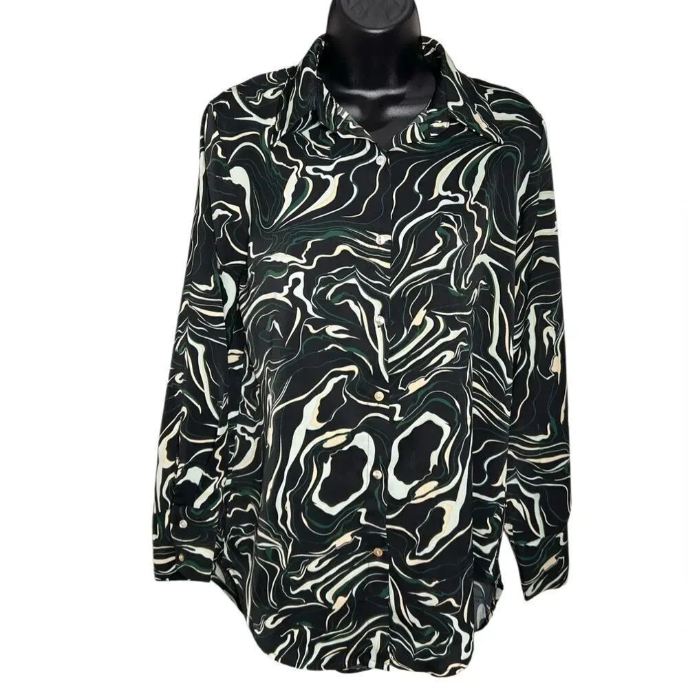 Nasty Gal Black and Green Marbled Swirl long sleeve Oversized Size Small